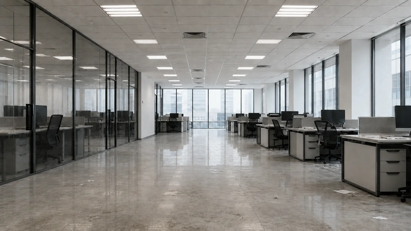 Temizlik öncesi tozlu ve dağınık ofis alanı