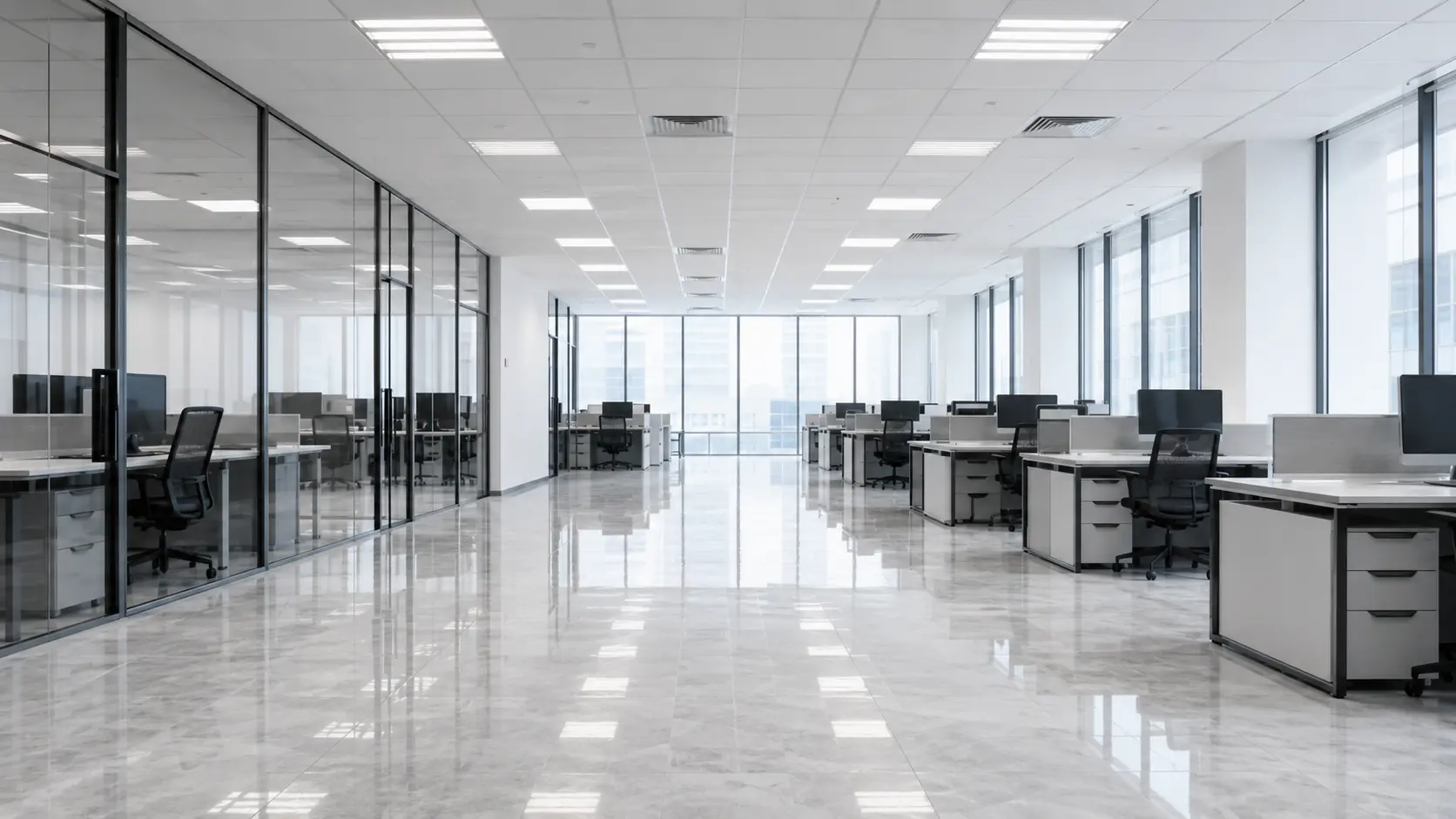 Armita temizliği sonrası parlak ve düzenli ofis alanı